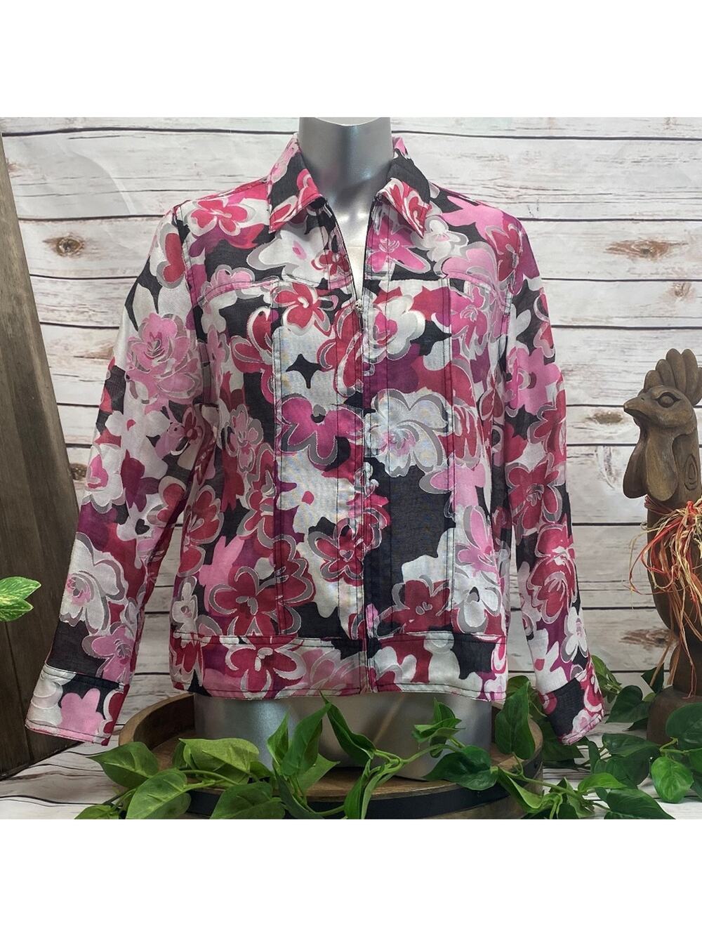 Lightweight Semi-Sheer Floral Zip Jacket Petite Med PM Pink Black White